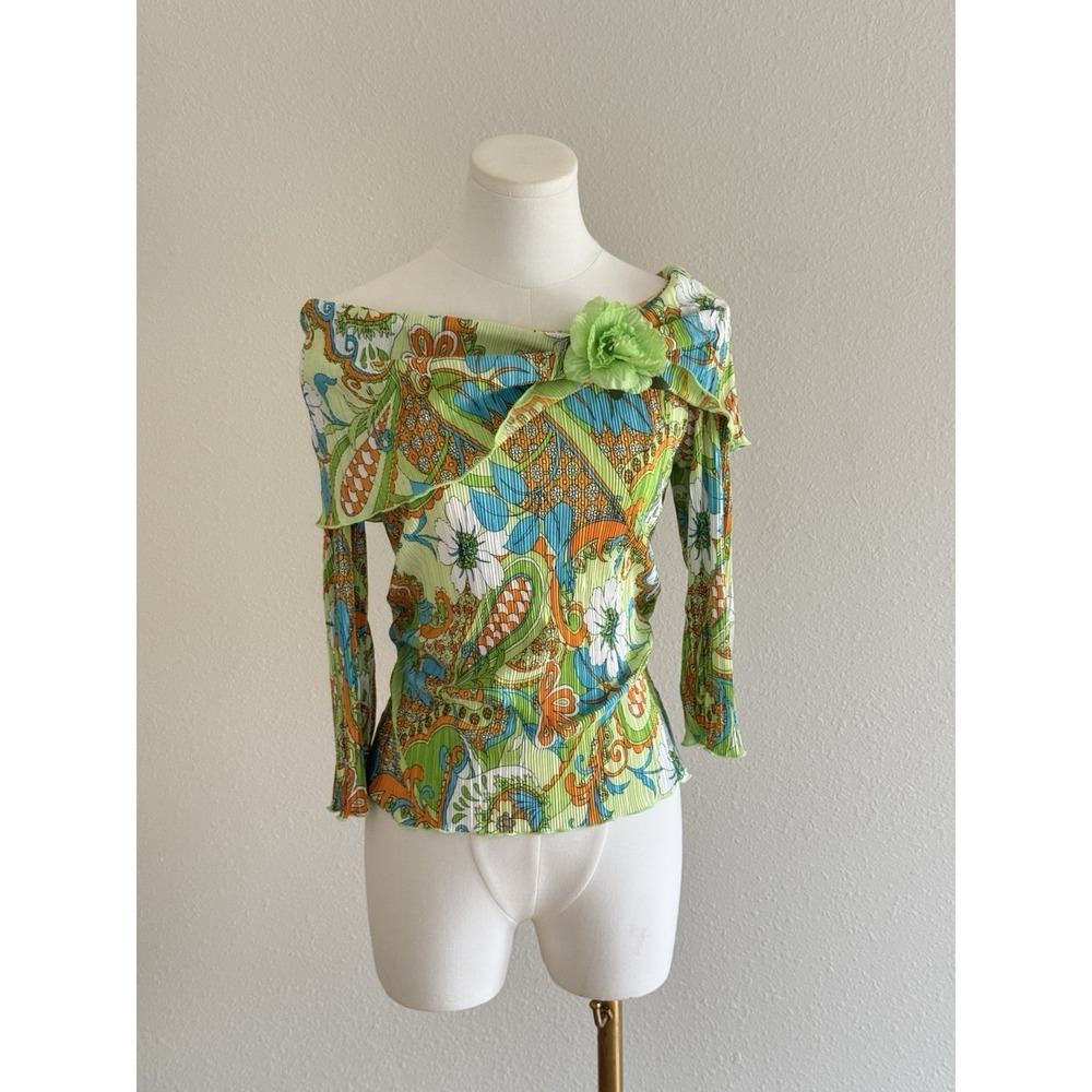 Vtg Y2K Off The Shoulder Top Retro Whimsigoth Fairy Floral Lettuce Hem Sz S Lime
